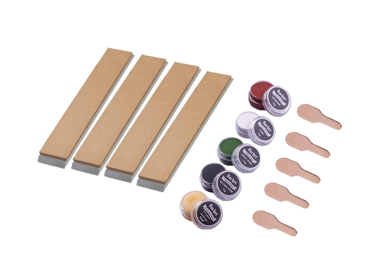 Bacher System Knife Sharpening Leather Strop – Set of 4 Strops + 4 Honing Compounds and Leather Softening Balm for Fixed Angle Apex Edge, Ruixin and KKmoon Sharpening Systems