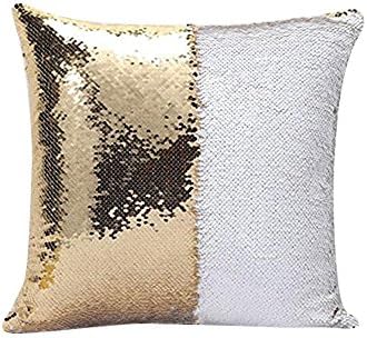 RuiXiang 1pcs Sequin Pillowcase,DIY Mermaid Bicolor Sequins Pillowcase,Magic Pillow Discoloration Reversible Pillowcase 16"X16" Cushion Cover (white + gold)