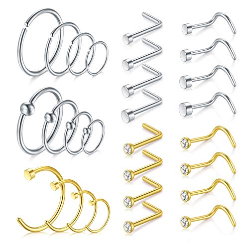 MODRSA 18G Anillos para la nariz Aro quirúrgico de acero inoxidable Anillos para la nariz Espárragos Tornillo en forma de L Espárrago para la nariz Tragus Cartílago Helix Pendientes Aro Piercing para la nariz Joyas para mujeres Set