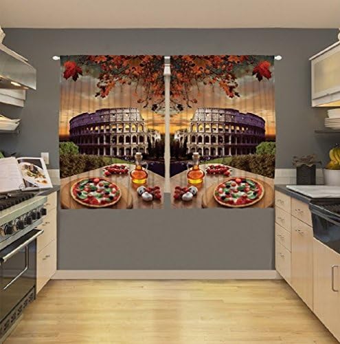 Roman Colosseum Italian Food Design Digital Graphic Printed Kitchen Curtain Panel Set or Dining Room Drapes European Culinary Bistro Window Covering Treatment