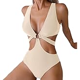 Favnac Women's Deep V Neck One Piece Swimsuit O-Ring Swimwear Sexy Cut Out Bathing Suit