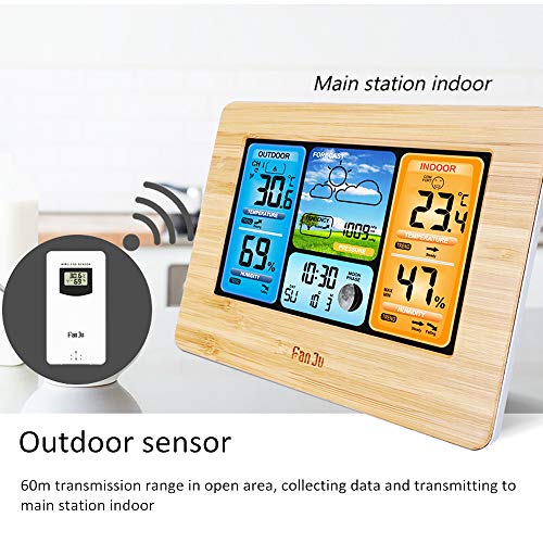 FanJu Color Weather Station with Temperature and Humidity Monitor, Weather Forecaster, Alarm Clock, Moon Phrase (Yellow)
