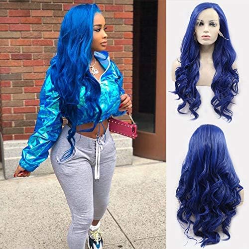 Dark Blue Lace Front Wigs for Women Side Part Long Curly Wave Lace Wig Natural Hairline Glueess Synthetic Heat Resistant Fiber Hair Realistic Blue Hair Wigs Girl Drag Daily 24inch