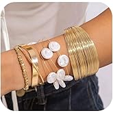 eartif 4PCS Gold Bracelets for Women Chunky Cuff Bracelets 14k Gold Plated Twisted Hinged Stackable Bangle Bracelet Set Trendy Pearl Cuff Beaded Bracelet Stack Fashion Jewelry Gifts