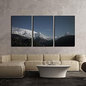 3 Piece Canvas Wall Art - Snow Covered Mountains Under Starry Night Sky - Modern Home Art Stretched and Framed Ready to Hang - 16"x24"x3 Panels
