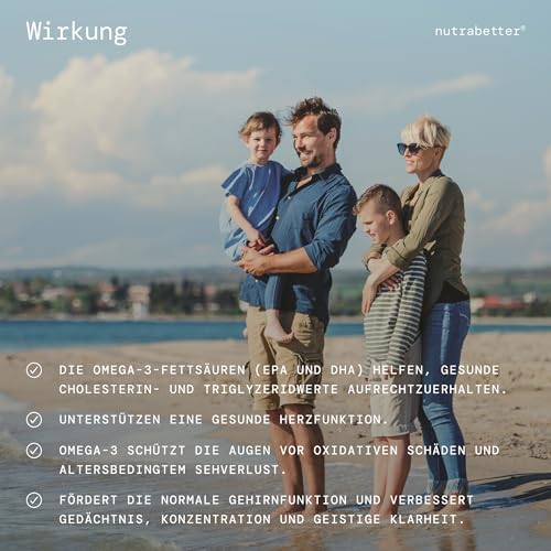 Omega 3 Kapseln 2000 mg | 200 Softgels | 600 mg reines Omega-3 + Vitamin E | Geprüfte Qualität | Hochdosierte Omega 3 Fettsäuren für Herz, Gehirn & Blutdruck | nutrabetter®