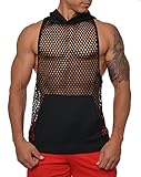MissionLA Mens Urban See Through Pattern Sleeveless Stringer Hoodie Shirt (Made in America) Black Medium