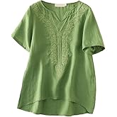 Minibee Women's Linen Shirts Summer Boho Blouse V Neck Short Sleeve Embroidered Tunic Tops