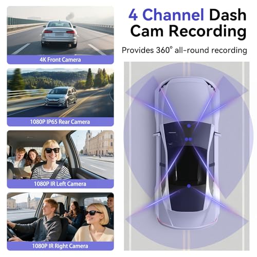4K Dashcam Car Front Rear 4 Channel Dash Cam with 3 Inch IPS Screen, Free 64GB Card, Dashcam with Parking Monitoring, WDR Night Vision (8 IR LEDs), G-Sensor, Loop Recording, Wireless App Transmission