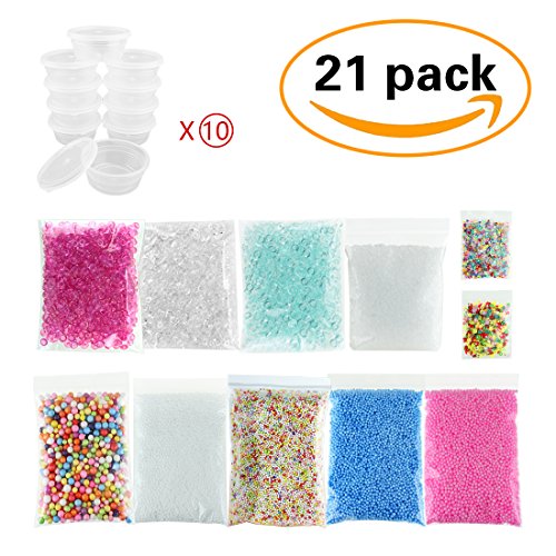 21 Pack Slime Supplies - 10pcs Storage Container for 20g Slime, Fishbowl Beads Fish Bowl Filler 5.3oz, Slushie Beads 3.5oz, Colorful Styrofoam Foam Balls 13000pcs with Fruit Splice, Glitter Sequins