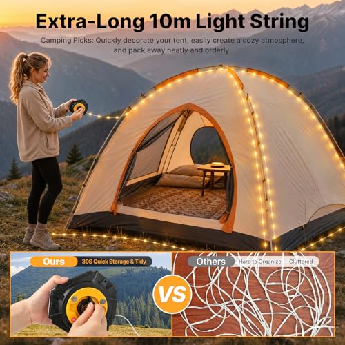 GAEEP Camping String Lights, 10M Retractable Fairy Lights with 7 Lighting Modes, USB Rechargeable 2-in-1 Camping Lantern and String Lights, Waterproof Tent Lights for Camping, Garden, Party