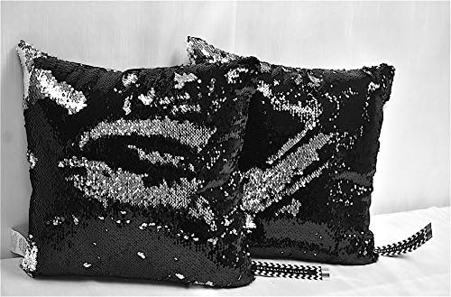 Sequin Mermaid Decorative Throw Pillow 16x16 inch Reversible Square for Couch or Bed (Black &amp; Silver)
