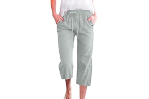 ZCJBWWHF Cotton Linen Pants for Women Summer Elastic Waist Solid Capris Pants Straight Wide Leg Cropped Trousers