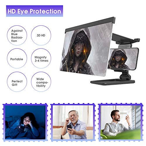 12’’ Screen Magnifier, 3D HD Mobile Phone Screen Amplifier for Movies, Videos, Reading, Gaming, with Foldable Phone Stand, Compatible with All Smartphones(Black)