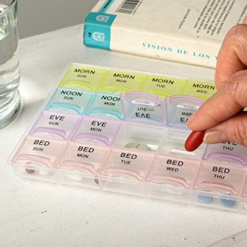 Deke 28 Daily compartments Pill Organizer case, 4 Times/Day Slot, Weekly dosis Container Boxes, Medicine Holder, Pills Medication Dispenser Box, Vitamin, Supplement, Perfect f/Travel, Ideal for Purse