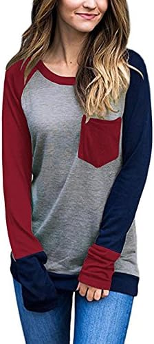 Women Color Block Patchwork Long Sleeve Raglan O-Neck Work Out Shirts With Pocket (M, Red)