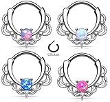 Stainless Steel Lacey Single Opal 16g Septum Clicker Ring - Choose Blue, White, Pink or Purple Synthetic Opal