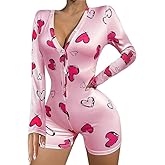 GTETKDE Women's Cute Heart Graphic Romper V Neck Pajama Long Sleeve Button Front Shorts Onesie Bodycon Overal Sleepwear