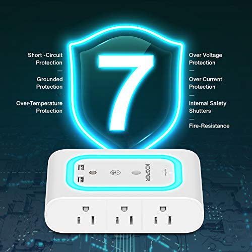 Outlet Extender, Surge Protector with Night Light(Dusk-to-Dawn Sensor), KOOPER 6-Outlet Adapter with 2 USB Ports, 1080J Wall Mount Outlet for Hallway, Stairs, Bathroom, Kitchen (Ice-Blue Light)