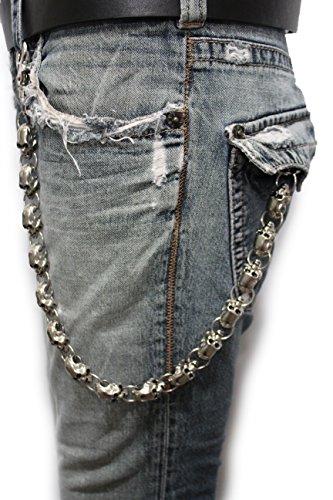 TFJ Men Wallet Chain Biker Long Fashion Jeans Keychain Big Skulls Skeleton Silver