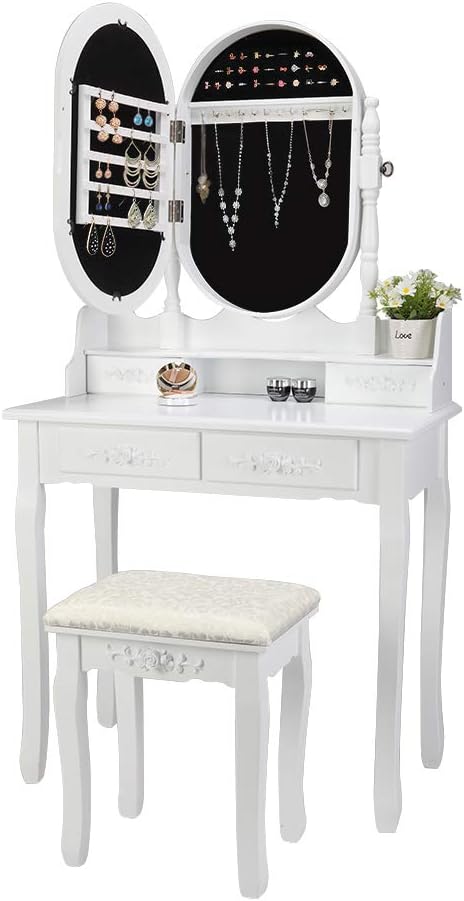 Bonnlo Vanity Table with Jewelry Cabinet Modern White Vanity Set for Girls 4 Drawers Makeup Dressing Table with Jewelry Organized Cabinet and Cushioned Vanity Stool
