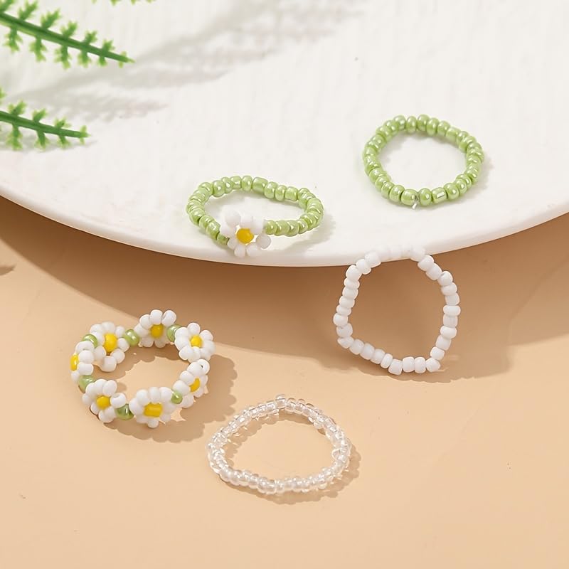 5PCS Dopamine Hand-Beaded Elastic Ring Set - Colorful Adjustable Boho Braid Flower Rings for Beach Holidays