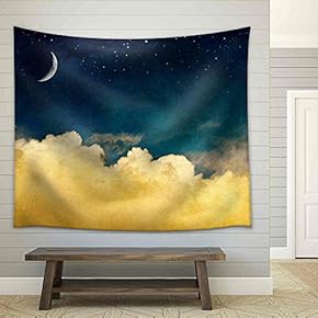 A Fantasy Cloudscape with Stars and a Crescent Moon Overlaid with a Vintage, Textured Watercolor Paper Background. - Fabric Wall Tapestry Home Decor - 51x60 inches