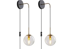 KUZZULL Wall Sconces Set of Two Black and Brass Plug in Wall Sconces Set of 2 with Globe Clear Glass Shade Wall Lights Wall Lamps for Bedrooms Sconces Wall Decor Set of 2 with 6Ft Plug in Cord On Off Switch