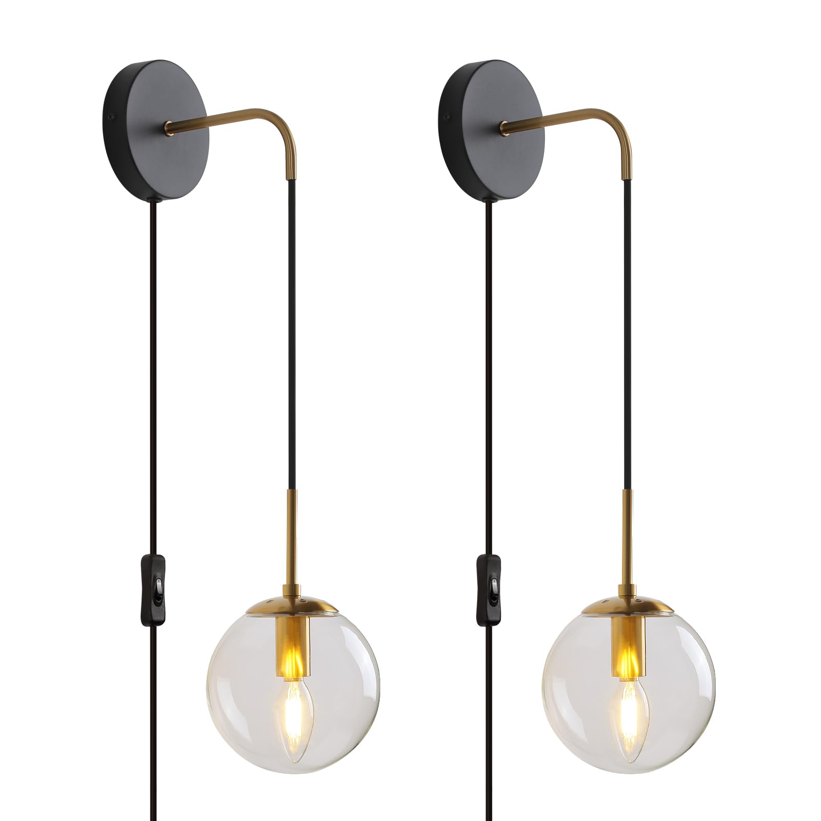 Photo 1 of KUZZULL Wall Sconces Set of Two Black and Brass Plug in Wall Sconces Set of 2 with Globe Clear Glass Shade Wall Lights Wall Lamps for Bedrooms Sconces Wall Decor Set of 2 with Plug in Cord Switch