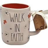 Rae Dunn walk in faith inspirational/religious ceramic coffee mug. Petal detail all round. Orange interior