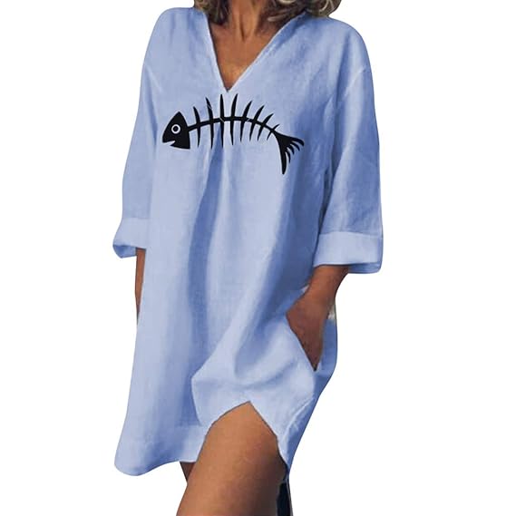 JXQ-N Minikleid Damen Frauen Lose Beiläufige Fishbone Print V-Ausschnitt Langarm Sommerkleid Mit Taschen Kleider Sommerkleide