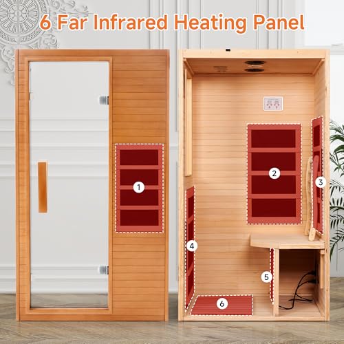Real Relax 1 Person Infrared Sauna, Indoor Far Infrared Saunas for Home, Canadian Hemlock Wood Sauna with 950W/120v, 6 pcs Mica Heating Plates, Spa Room 33 * 27.3 * 59 Inch