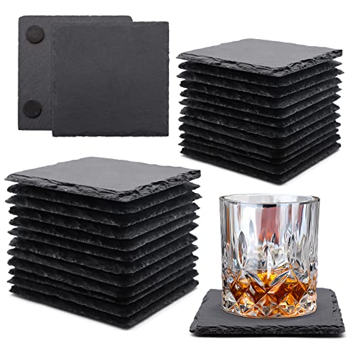 24 Stück quadratische Schiefer-Getränke-Untersetzer, VIBRATITE 10,2 cm, schwarzer Schieferstein-Untersetzer mit kratzfester Unterseite für Getränke, B