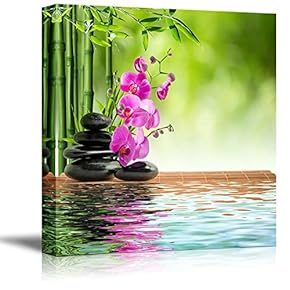 Canvas Prints Wall Art - Stacked Lava Stones with Bamboo and Water | Modern Wall Decor/Home Decoration Stretched Gallery Canvas Wrap Giclee Print. Ready to Hang - 12" x 12"