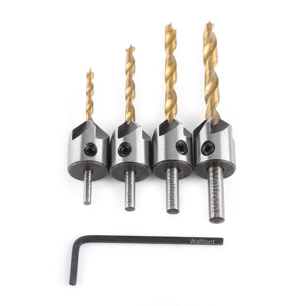 Titanium Coated Woodworking Countersink Drill Bit Set HSS Carpentry Reamer Drill Bit Chamfer Countersink(4pcs（3-6mm）+ small wrench +bubble bag)