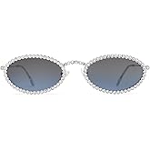 SOJOS Retro Skinny Oval Rhinestone Sunglasses for Women 90s Styles Bling Hippie Disco Trendy Sun Glasses Small Face SJ1205