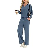 YOKGO Two Piece Sets for Women Casual Fall Lounge Sets Long Sleeve V-Neck Tops Wide Leg Pants Vacation Travel Outfits