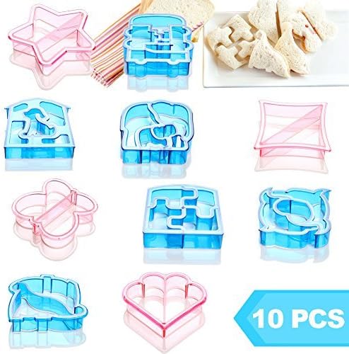 Cute Sandwich Cutter | 10 Pcs Fun Blue and Pink Bread Cookie Cake Crust Cutter for Kids | Adorable Lunch Food Deco Star Transportation Puzzle Square Designs Mold | Sandwich Recipe E-Book Included