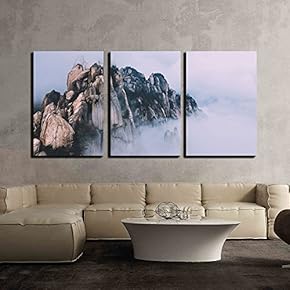 3 Piece Canvas Wall Art - Rock Mountain Surrounded with Fog - Modern Home Art Stretched and Framed Ready to Hang - 16"x24"x3 Panels