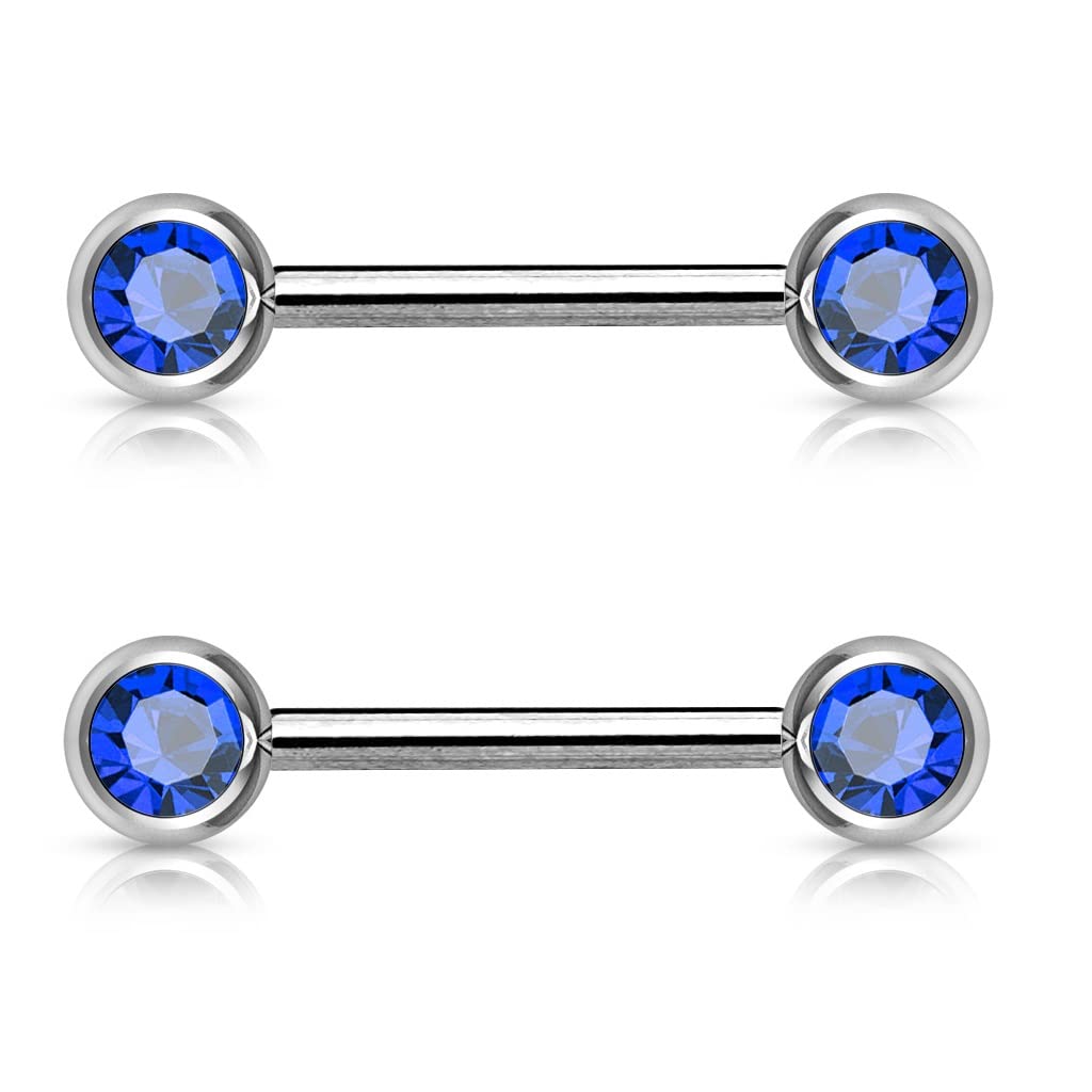 PiercedOff 316L Surgical Steel Nipple Bar with Forward Facing Blue CZ Gem Balls - Thickness 14GA (1.6mm) / Length 16mm / Ball Sizes 6mm - Sold as a Pack of 2 Nipple Bars
