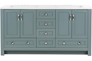 Spring Mill Cabinets Nimay 60 Inch Double-Sink Bathroom Vanity with White Top, 2 Cabinets, 5 Drawers, 60.5" W x 18.75" D x 32.89" H, Sage