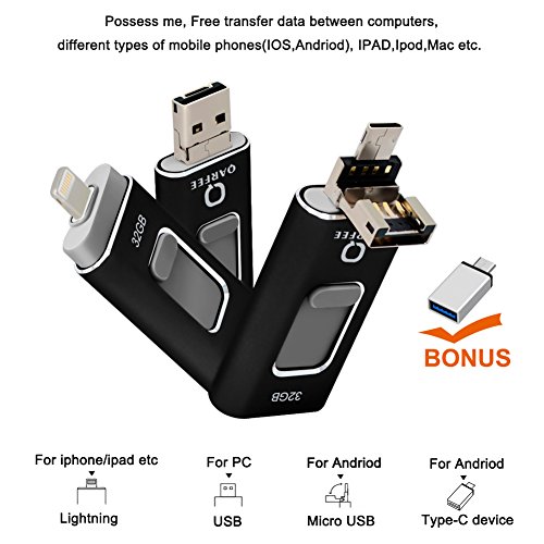 4in1 Universal 32G iPhone Flash Drive,QARFEE Pen Drive OTG Type-C Lightning USB Micro USB Memory Stick External Storage Flash Drive U Disk for iPhone iPad iPod Mac Android cell phone and PC,Black