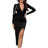 Sulozom Womens Sexy Deep V Neck Long Sleeve Elegant Ruched Bodycon Cocktail Party Club Dresses
