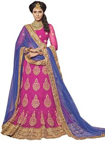 Beautiful Elegant Indian Net Rani Pink Embroidery Zari Resham Work Lehanga Choli with Contrast Dupatta