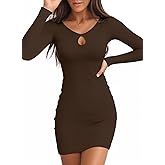 Valiamcep Women's Long Sleeve Dress Cutout Keyhole Neck Bodycon Dresses Ribbed Party Mini Dress Brown S