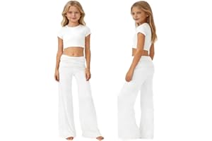 Girls Fold Over Yoga Pants Flowy Y2k Solid Color High Waist Bootcut Leggings Tween Pleated Flare Wide Leg Sweatpants