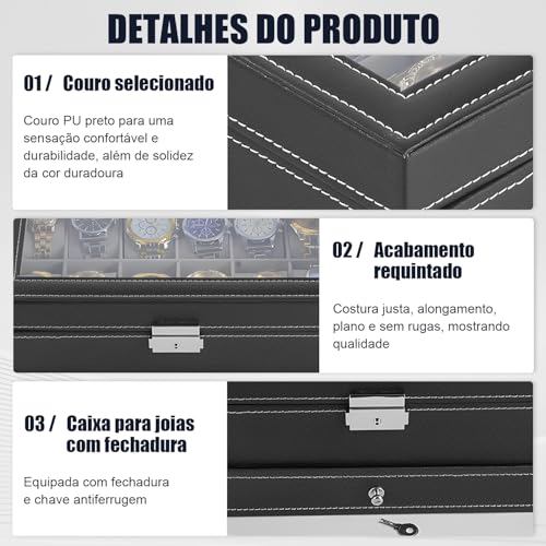 Gavzrt Caixa de Relógio com 12 Compartimentos, Caixa para Relogio, Porta Relógio Masculino, Porta Joias Masculino, Caixa de Exibição de Relógio de 2 Camadas com Tampa de Vidro Grande, Caixa de Joias