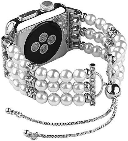 Compatible with Apple Watch Band 38mm 42mm 40mm 44mm, Fashion Handmade Wood Beaded Stretch Bracelet Replacement for iWatch Strap Series 5 4 3 2 1 Women Girls, 42mm