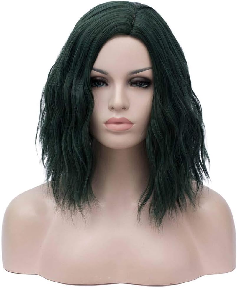 Alacos Fashion 35cm Short Curly Full Head Wig Heat Resistant Daily Dress Carnival Party Masquerade Anime Cosplay Wig +Wig Cap (Dark Green)