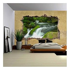 Cascading Spring in Tropical Forest Viewed Through a Broken Wall - Large Wall Mural, Removable Peel and Stick Wallpaper, Home Decor - 66x96 inches